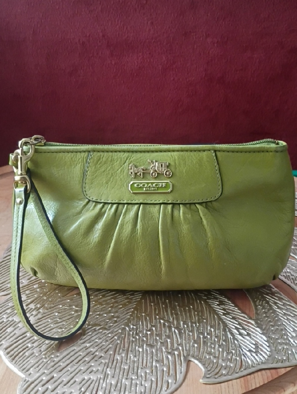 Coach Lime Green Leather Wristlet Clutch with Gold-Tone Hardware